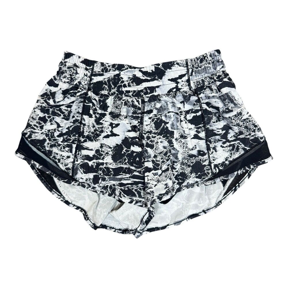 Lululemon Running Shorts Hotty Hot Womens Size 4 White Black Print Mesh Sides